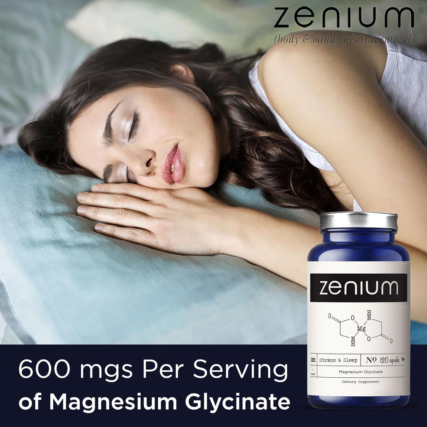 Zenium - Magnesium Glycinate 600 mg per Serving, 120 Capsules | Relieve Stress, Tension, Worry, Nervousness, & Irritability | Calm The Mind & Body | Ayurvedic | Natural Relief Supplement
