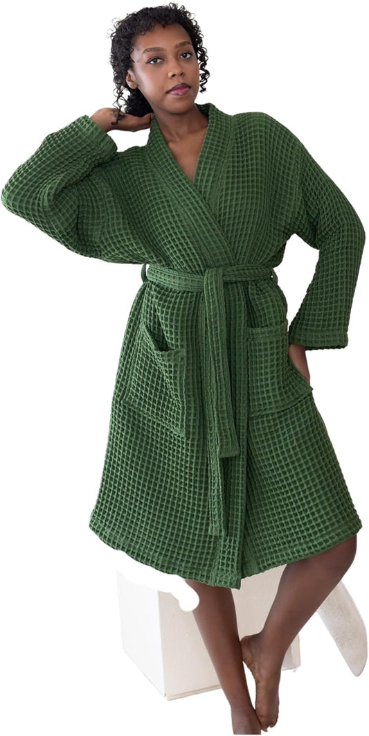 Womens Kimono Waffle Robe - Lightweight 100% Turkish Cotton Housecoat for All-Day Lounging - Bathrobe for Shower