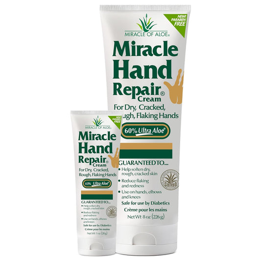 Miracle Hand Repair Cream for Dry Cracked Hands (8 oz & 1 oz) Best Healing Hand Cream with 60% Aloe Vera - Non-Greasy Moisturizer for Working Hands - Fast Absorbing Lotion for Extremely Dry Skin