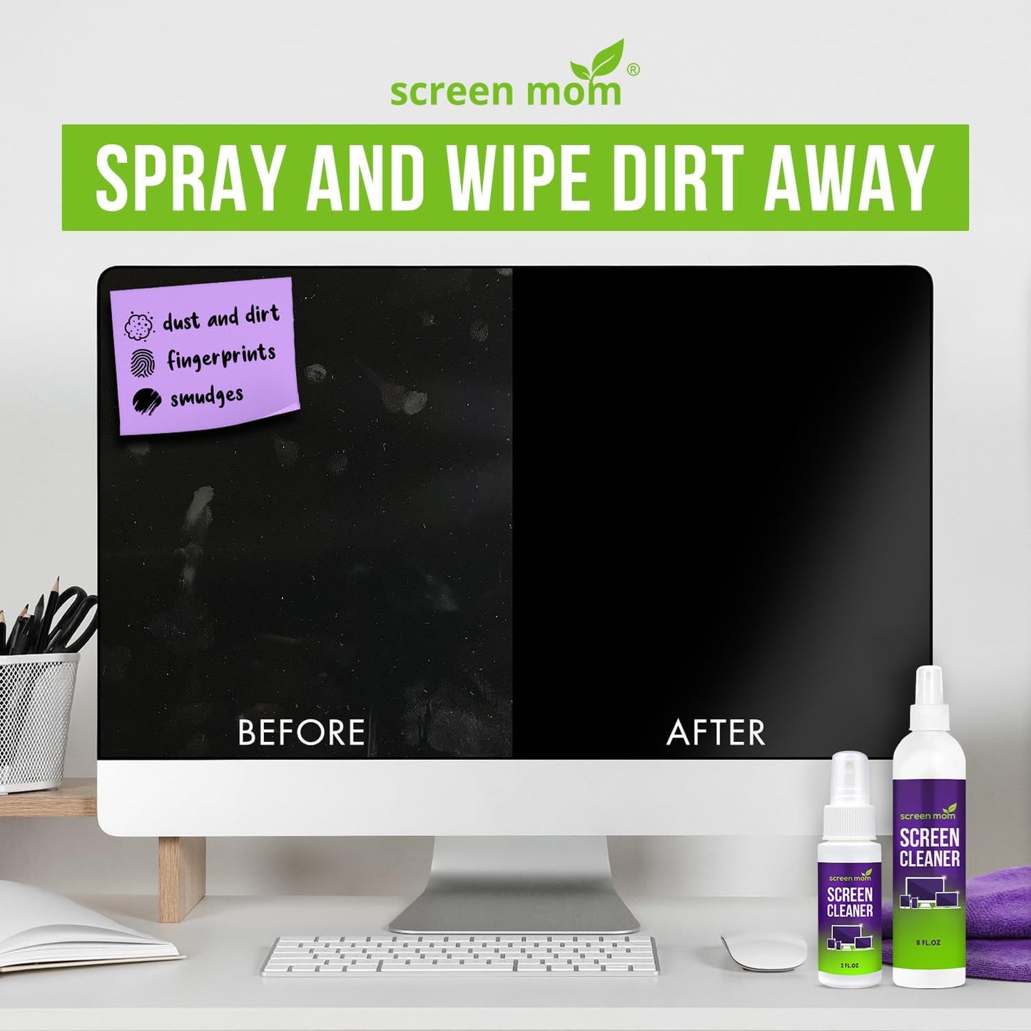 Screen Cleaner Spray and 4 Microfiber Cloths Bundle 8oz & 2oz, by Screen Mom, Eyeglasses or Monitor Screen Cleaner Spray and Wipe, Electronic Cleaner Spray, Car Screen Cleaning Kit