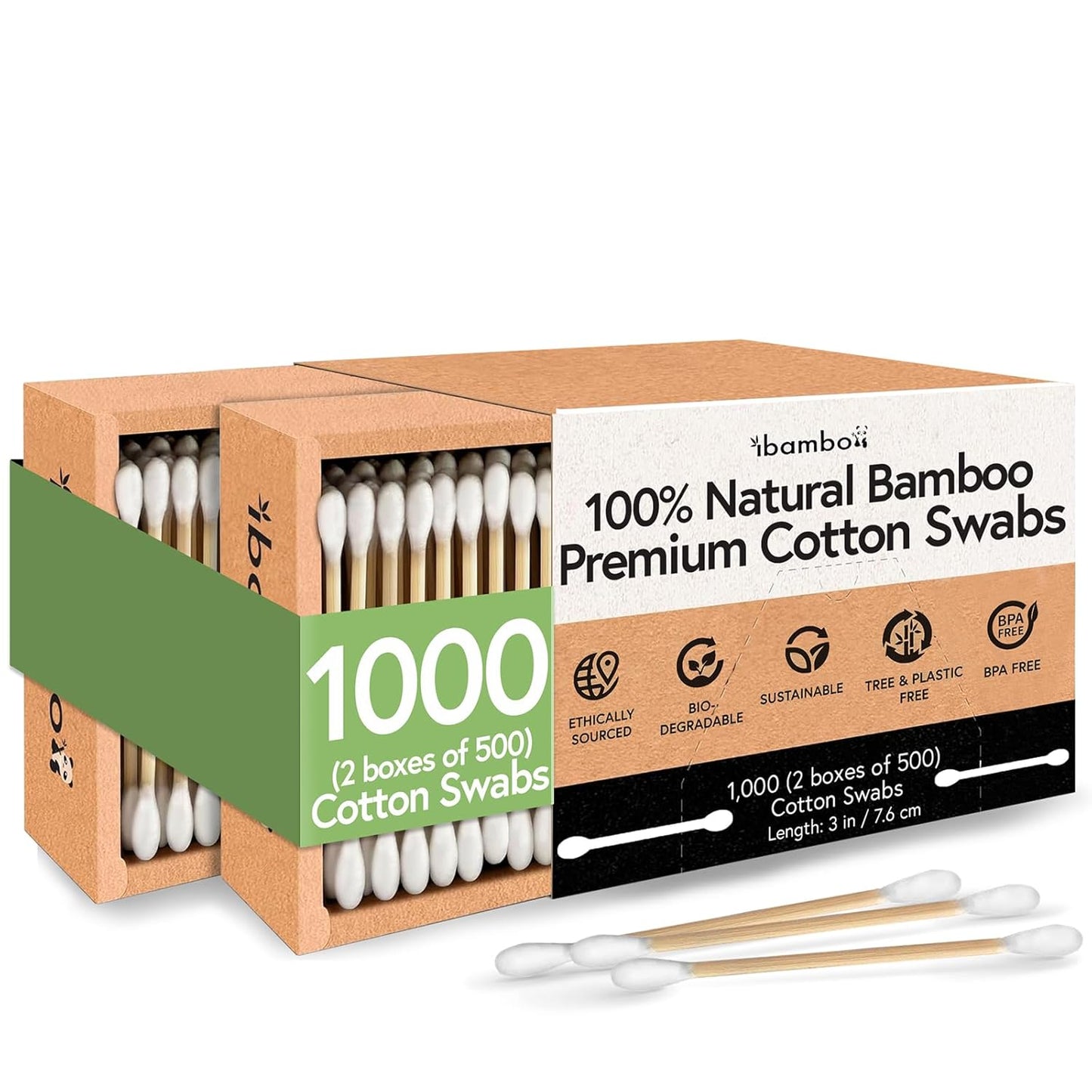 100% Bamboo Cotton Swabs (1000-Pack) | Double Tipped Organic Cotton Swabs for Ears | Biodegradable Beauty & Personal Care Items | FSC Certified & Hypoallergenic | For All Ages & Pets