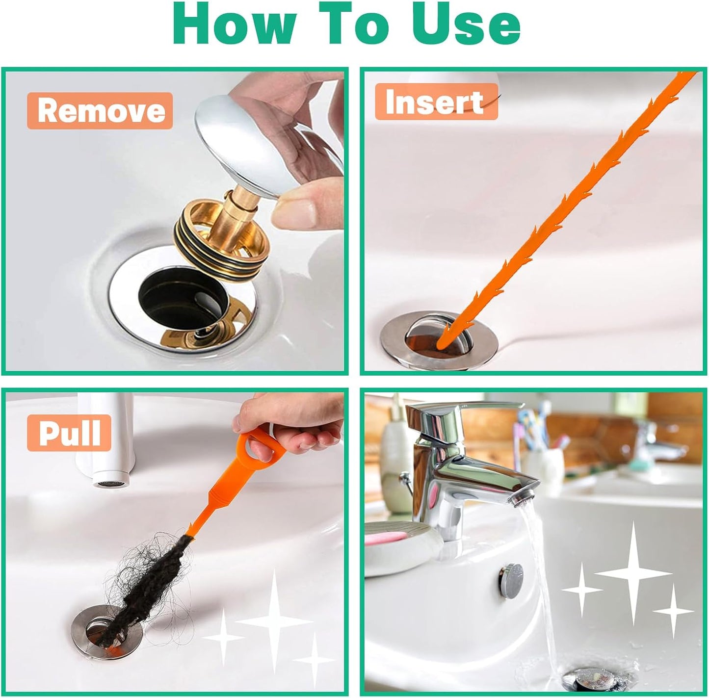 Drain Snake Hair Drain Clog Remover - 5 Pack Shower Snake Sink Unclogger Tool with Exquisite Packaging (Orange)