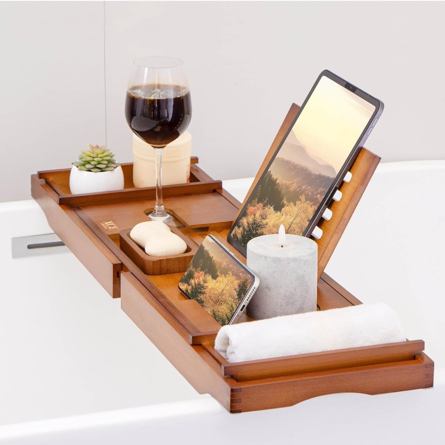 XcE Bathtub Caddy Tray Expandable to 105cm with Bamboo Book Stand and Soap Tray, Brown