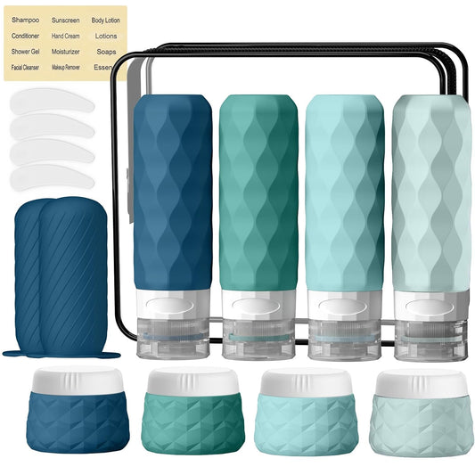 16Pack Travel Bottles for Toiletries, TSA Approved Travel Size Toiletries Containers Set, Silicone Leak Proof Refillable Bottles Elastic Sleeves Creams Jars Accessories Kit W/Clear Bag (Mint Green)