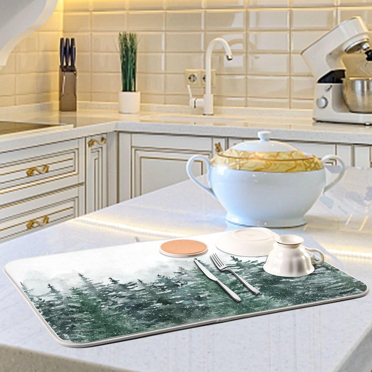Winter Forest Scenery Dish Drying Mat for Kitchen Christmas Tree Snow Xmas Microfiber Drying Mats Absorbent Reversible Dish Pad Large Dish Draining Mat 18x24 inch