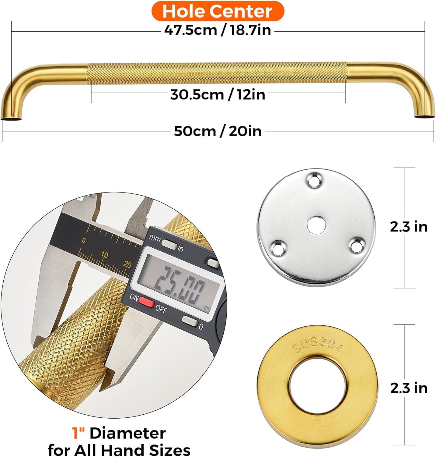 Grab Bars for Shower, 2 Pack 20-Inch Anti Slip Shower Handles for Elderly, Safety Shower Grab Bar, Stainless Steel Handicap Grab Bars for Bathroom,Toilet (Gold, 1" Diameter)