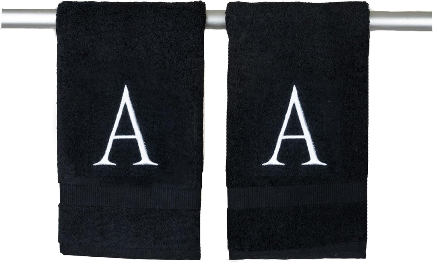 Black Monogrammed Hand Towels for Bathroom- Black and White Luxury Hotel Quality Personalized Initial Decorative Embroidered for Powder Room, Spa-GOTS Organic Certified - Pack of 2, Letter A