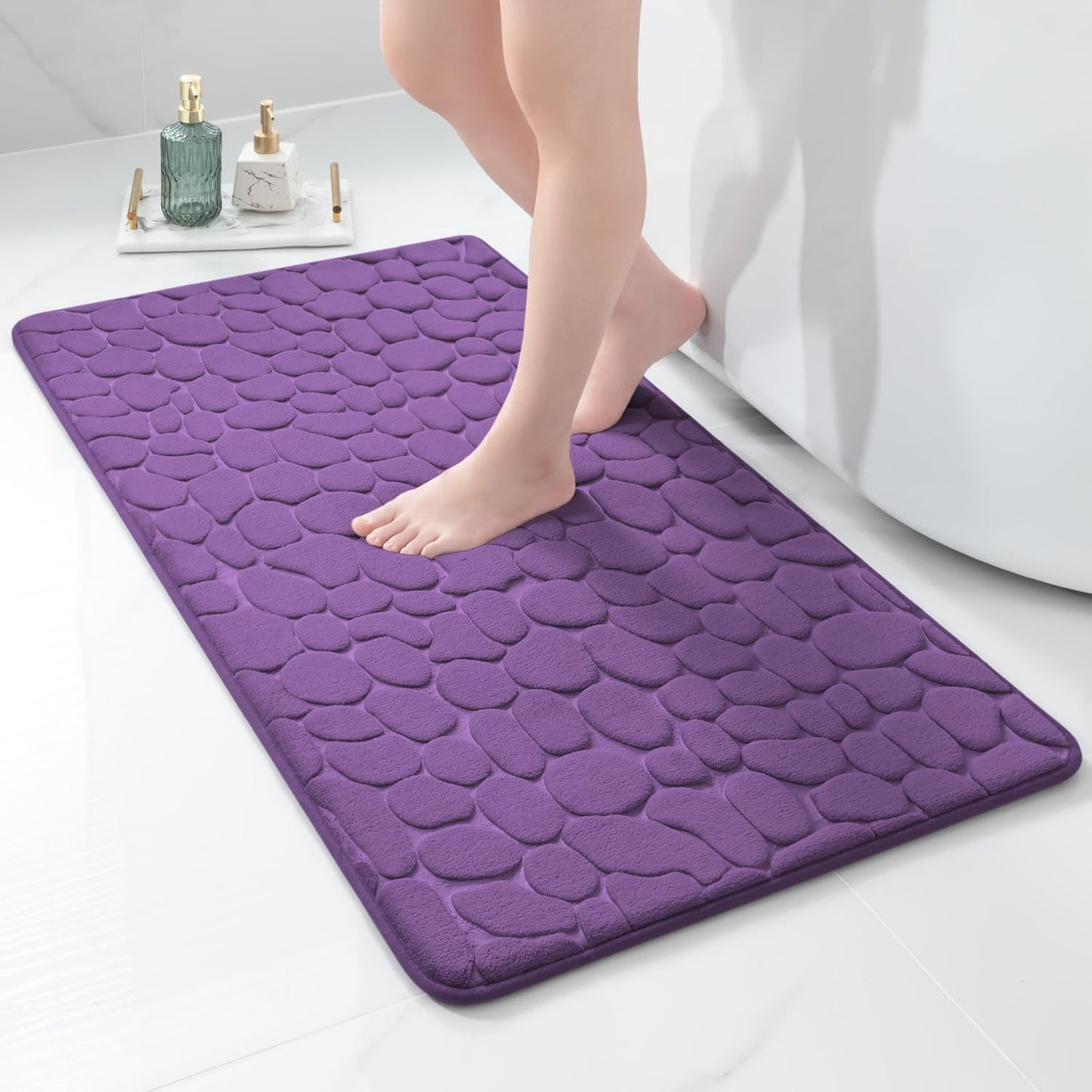 YIHOUSE Memory Foam Runner Rug, Cobblestone Bathroom Runner Rugs Super Water Absorbent Bath Mats for Bathroom Machine Washable Bath Rugs Runner for Hallway Bedroom Laundry Room(24 x 47,Eggplant)