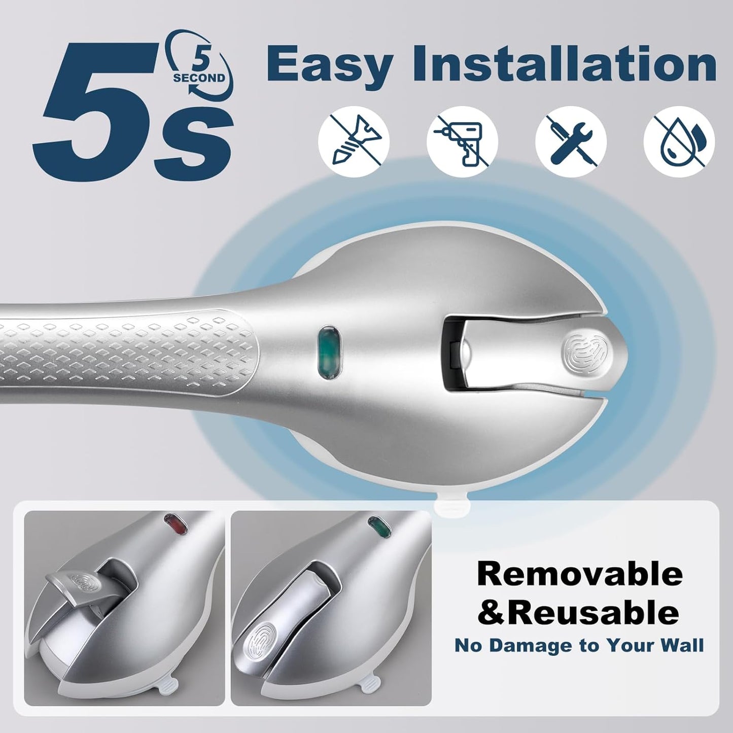 Shower Grab Bar 2 PCS Suction Grab Bars for Bathtubs and Showers, Shower Handle Removable Shower Handrails for Kids, Bathroom Safety Grip Waterproof(Silver)