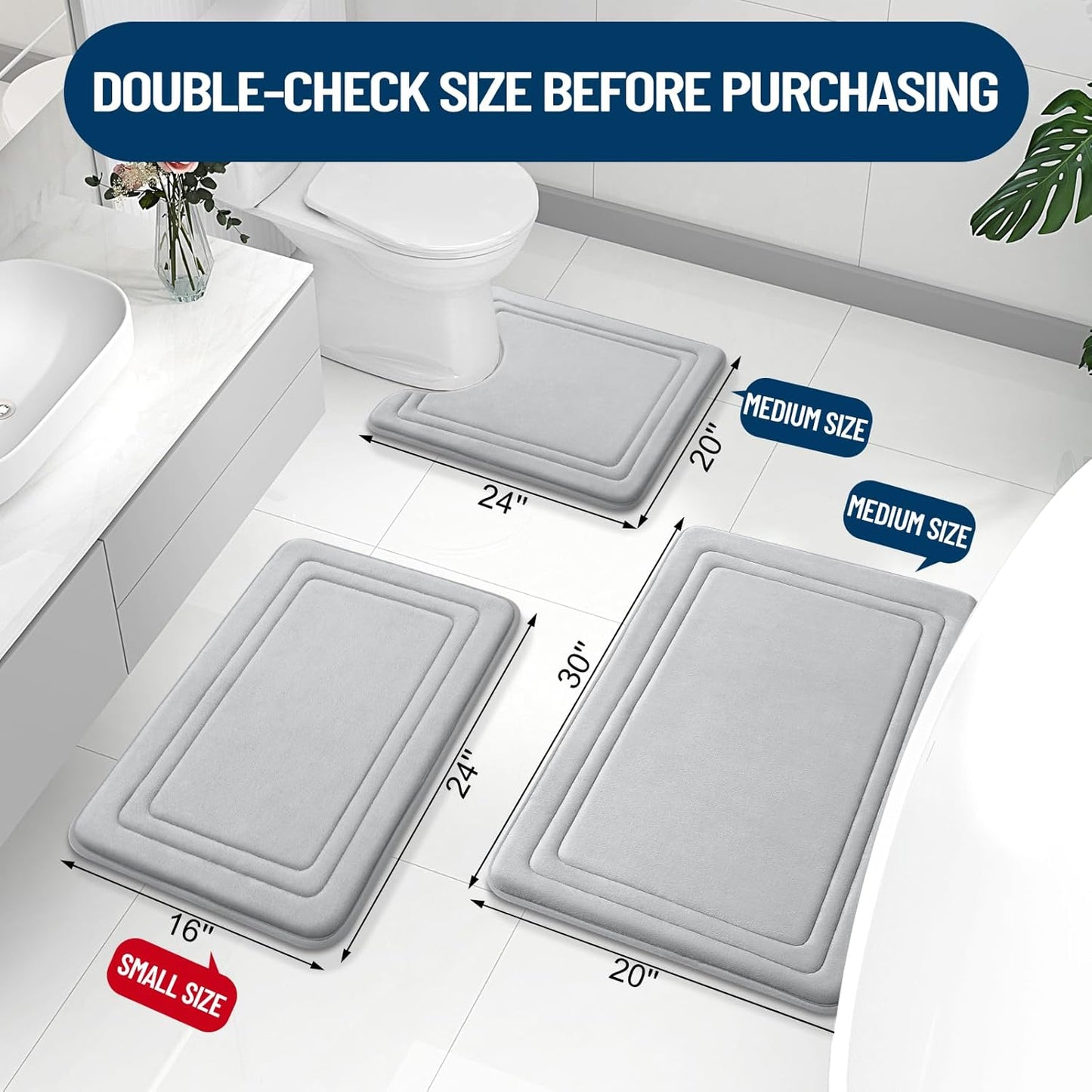 Grandaily Memory Foam Bath Mat Rug 30x20, Ultra Soft, Non-Slip and Absorbent Bathroom Rugs, Machine Wash Dry, Comfortable Bath Carpet for Bathroom Floor, Tub and Shower, Grey