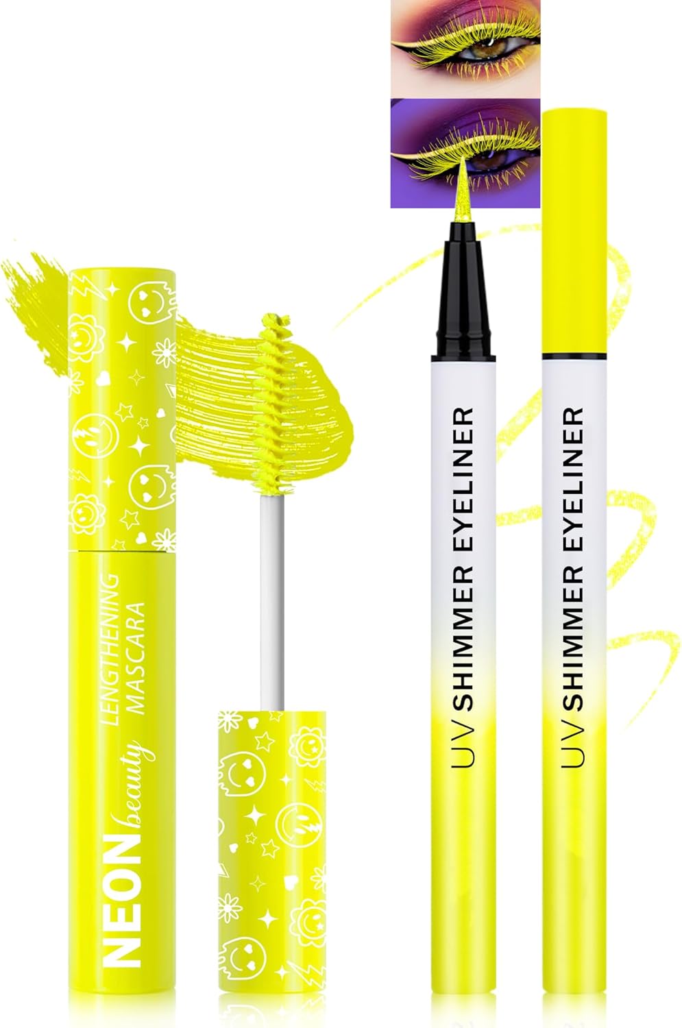 UV Neon Yellow Mascara & Eyeliner Set, Waterproof Volumizing Colored Mascara Volume and Length for Lashes Lengthening, Long Lasting Glitter Liquid Eyeliner Pencil, Halloween Glow in the Dark Makeup-07