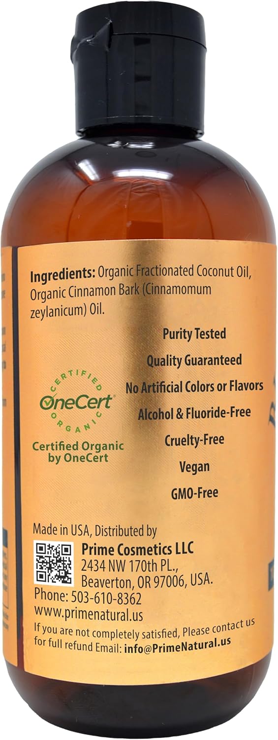 PRIME NATURAL Oil Pulling with Organic Coconut & Organic Cinnamon Bark Oil 8oz - Natural Oral Care & Teeth Whitening - Alcohol Free Mouthwash Freshens Breath, Healthier Teeth & Gums