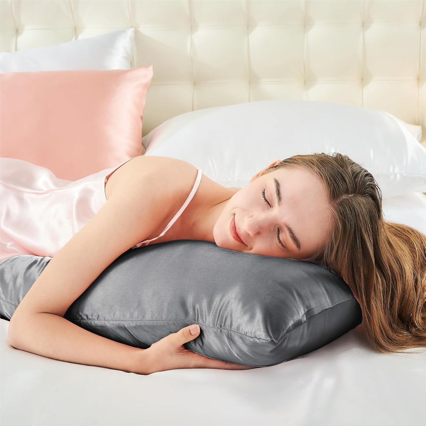 BEDELITE Satin Body Pillow Cover 2 Pack, Super Soft and Cooling Body Pillow Pillowcase for Hair and Skin, Breathable Silky Full Long Pillowcase Cover(20"x54", Dark Grey)