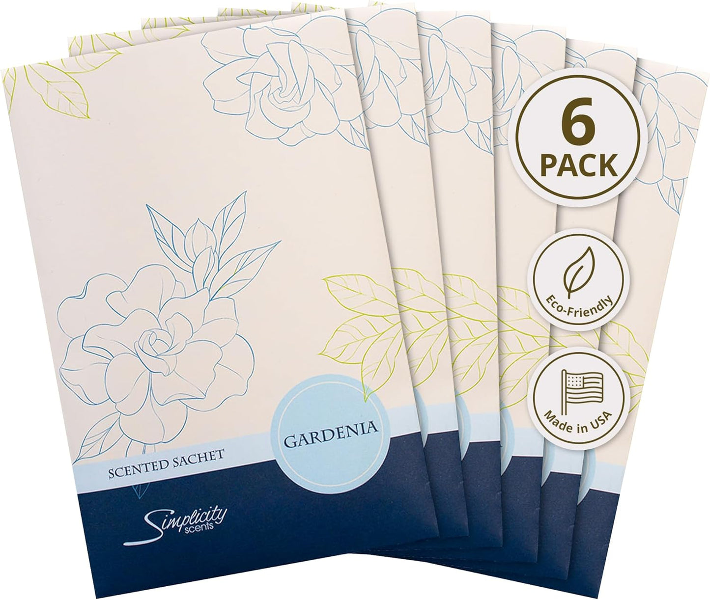 Gardenia Scented Sachets Pack of 6, Spring and Summer - Long-Lasting Scented Bags, Home Fragrance, Air Freshener & Deodorizer for Closet, Room, Drawer, or Cars, Made in USA