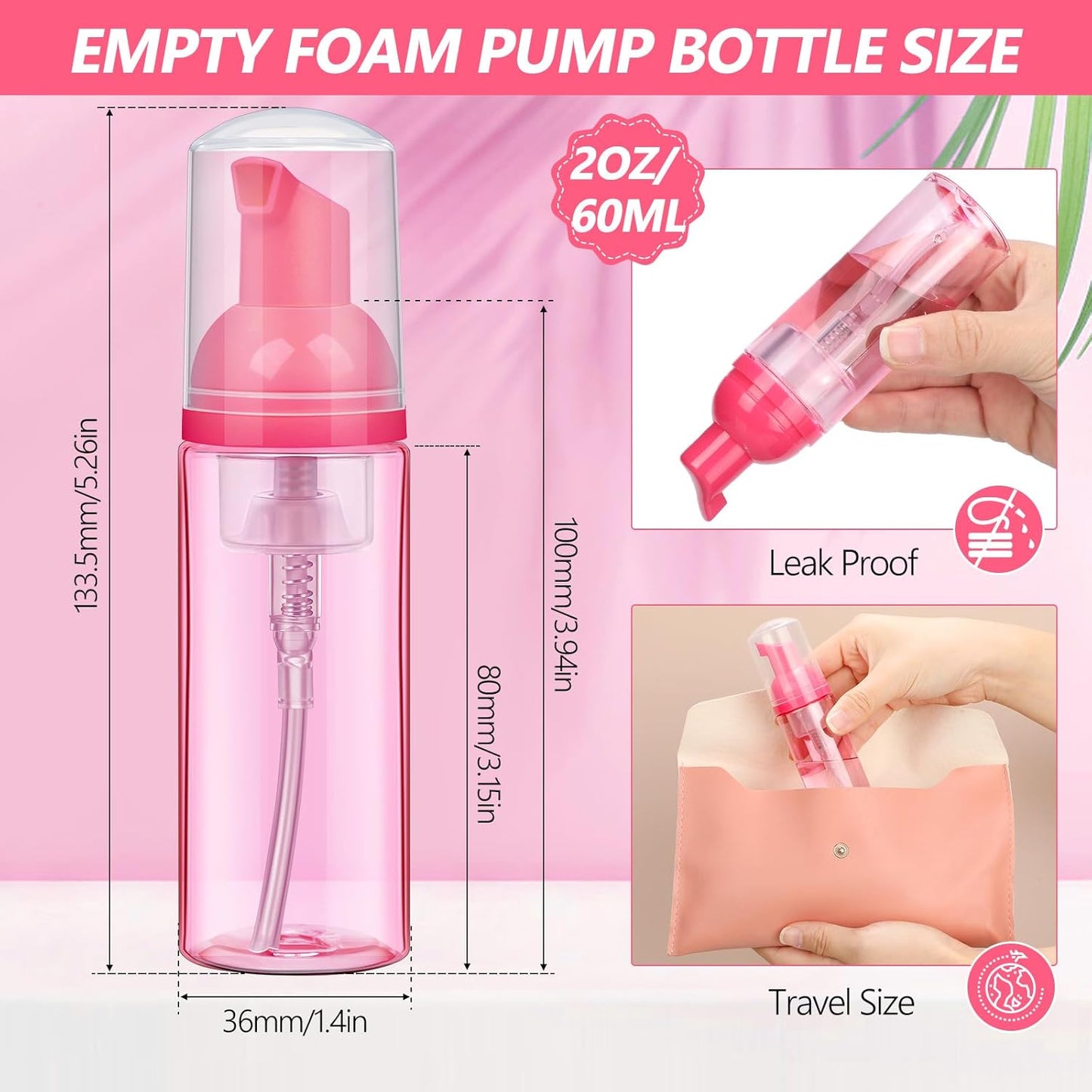 Dandat 120 Pcs 2 oz Plastic Foam Soap Dispensers Bulk Refillable Foaming Pump Bottle Empty Mini Shampoo Lash Cleaning Bottles for Travel Cosmetics Hand Soap(Pink)