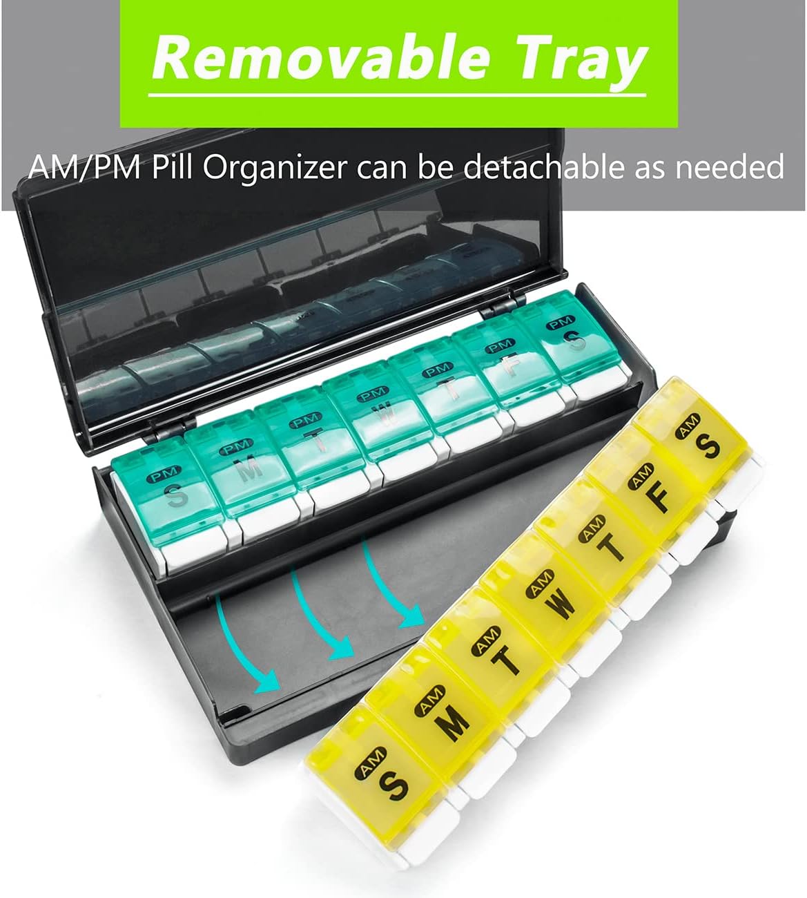 Extra Large Weekly Pill Organizer 2 Times a Day - Remtise Am/Pm Daily Pill Case Medicine Organizer, Push Button 7 Day Pill Box for Pills/Vitamin/Cod Liver Oil/Supplements (Cyan & Yellow)