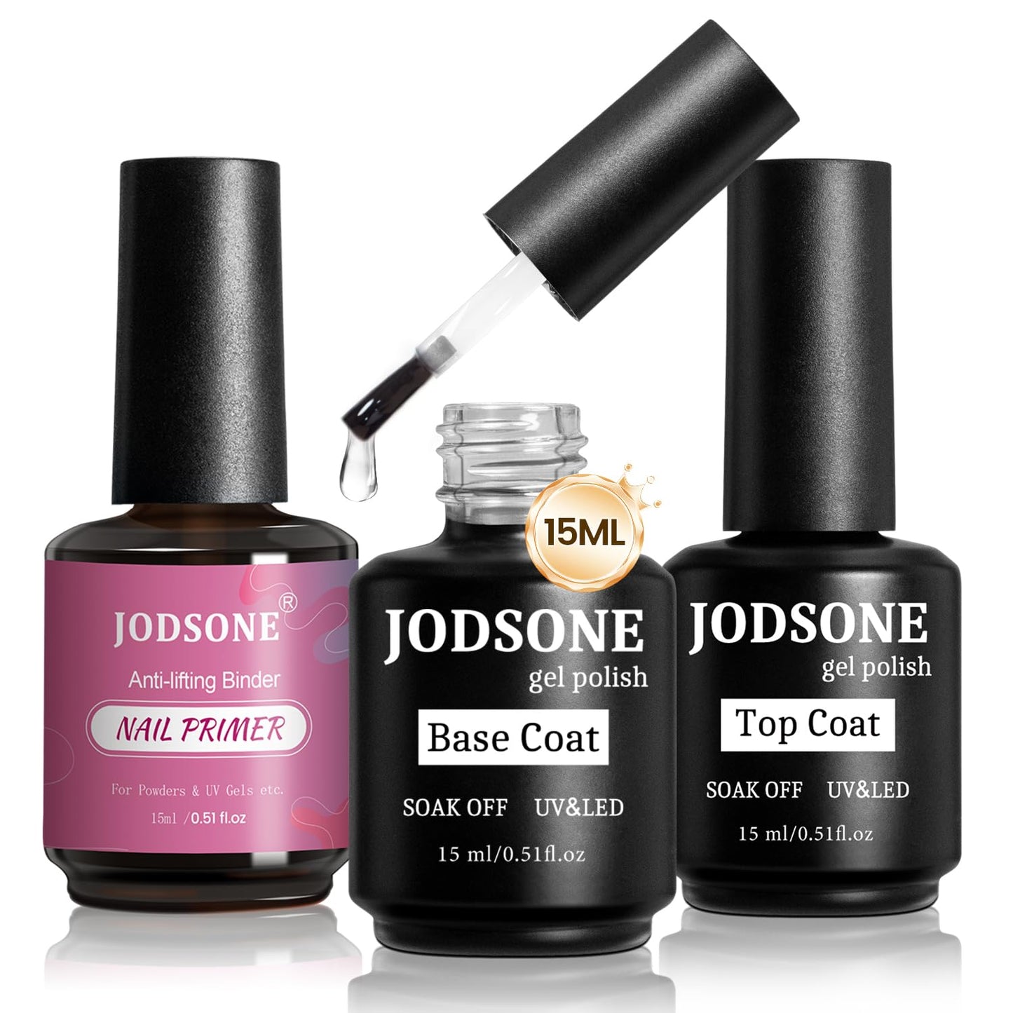 JODSONE 3 PCS Nail Primer Base Coat Top Coat with a capacity of 15ml Quick Curing Long Lasting