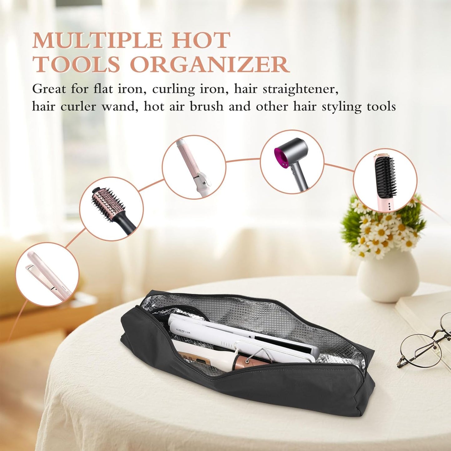 Professional Hot Hair Tools Organizer Bag Portable Travel Heat Resistant Storage Case Pouch for Curling Irons, Flat Irons, Hair Straightener and Styling Tools(17.7" x 3.2"x 3.2")