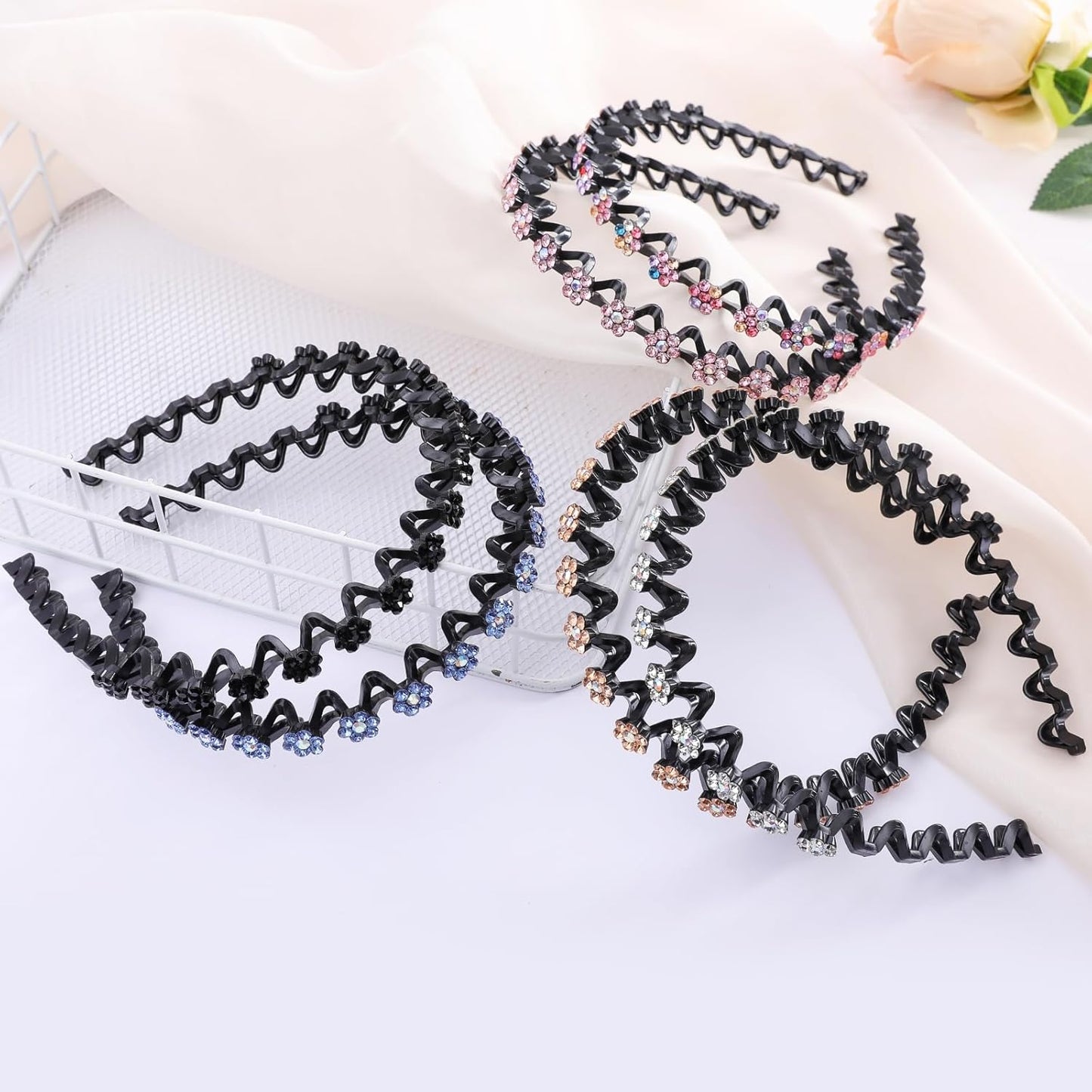 Sparkle Rhinestone Headbands with High Elastic Glitter Flower Headband Comfortable Non Slip Hairband Bling Hair Hoop Hair Accessories for Women Girls with 6PCS