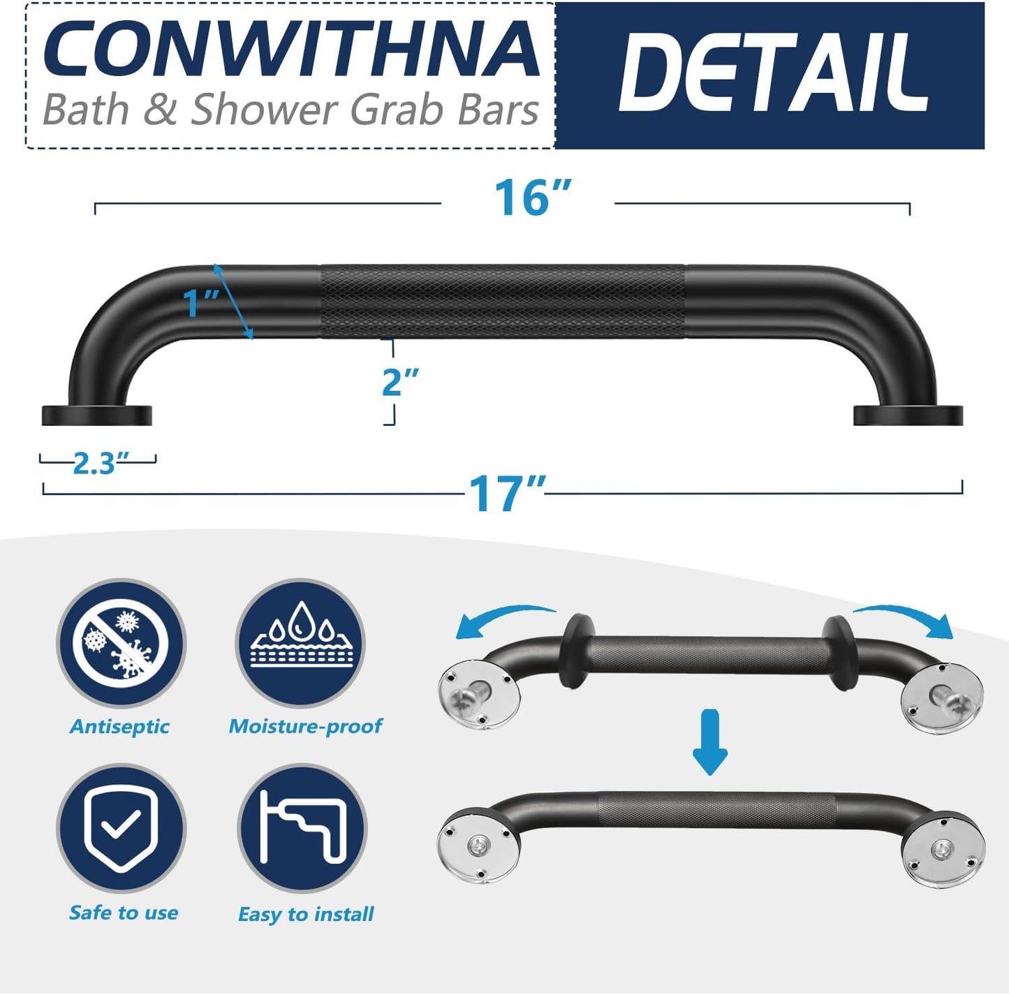 2 Pack Shower Grab Bars for Bathroom 16 Inch Black Stainless Steel Anti-Slip Knurled Grip Home Care Bath Handrail Safety Hand Rail Support for Showers Seniors Elderly Assist Handicap Bath Handle