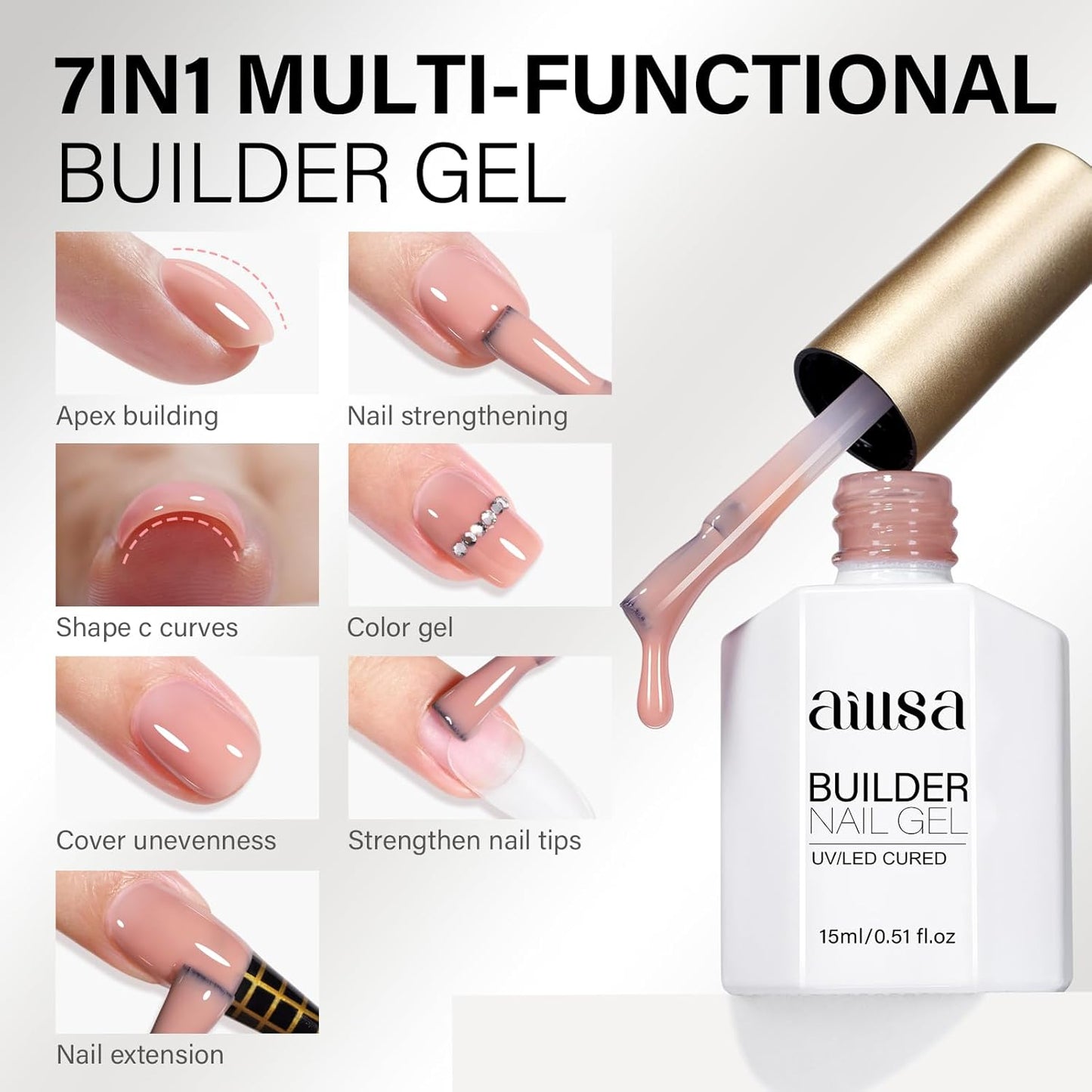 AILLSA Builder Gel for Nails 7 In 1 Nude Hard Gel Nail Polish for Nail Thickening Natural Color Strengthener Gels Nail Polish Light Neutral U V Gels for French Manicure Base Coat Needed 0.51 Oz GD80
