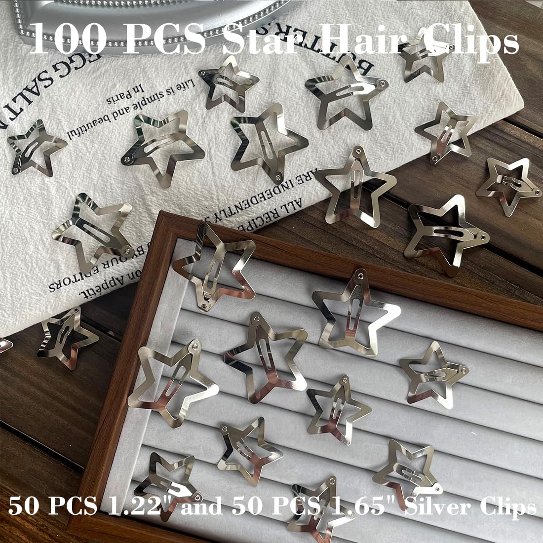 100 PCS Stars Hair Clips,50PCS 1.22"Clip and 50 PCS 1.65"Clips Snap Star Hair Accessories Non Slip Star Clips for Girls Women Y2K Accessories Silver Metal Hair Clips