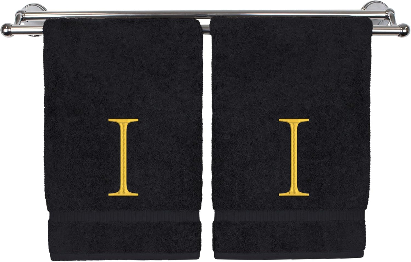 Monogrammed Hand Towel, Personalized Initial Gift, Extra Absorbent 100% Turkish Cotton - Soft Terry Finish - Set of 2 - Gold Block Initial I - Embroidered on Black Towels