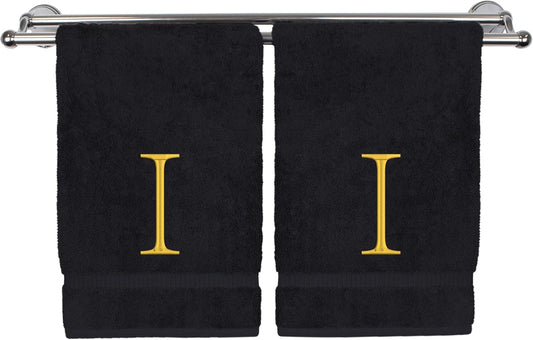 Monogrammed Hand Towel, Personalized Initial Gift, Extra Absorbent 100% Turkish Cotton - Soft Terry Finish - Set of 2 - Gold Block Initial I - Embroidered on Black Towels