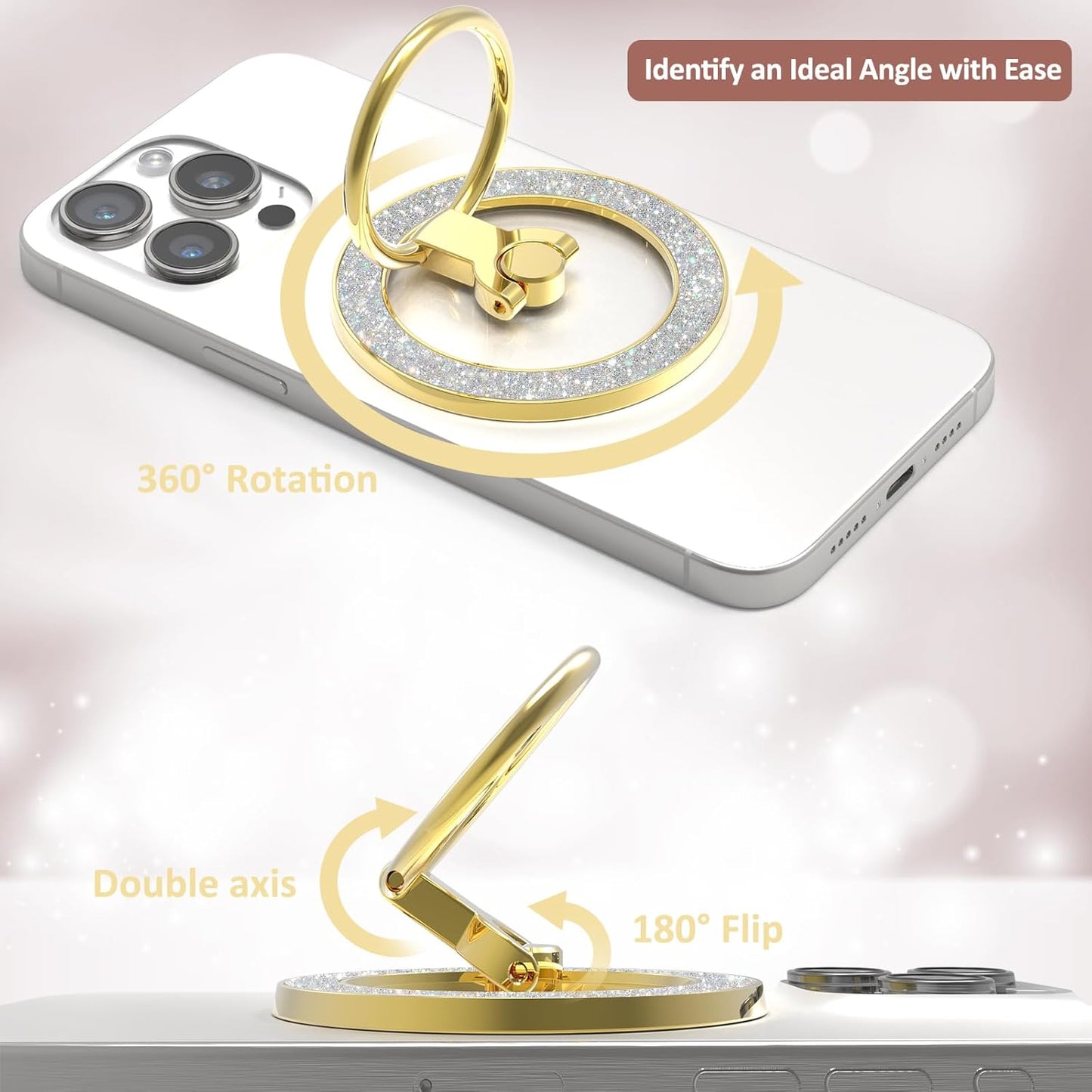 for MagSafe Phone Grip Stand, Magnetic Phone Ring Holder for MagSafe, Magnetic Ring Holder for iPhone. (Glitter Gold)