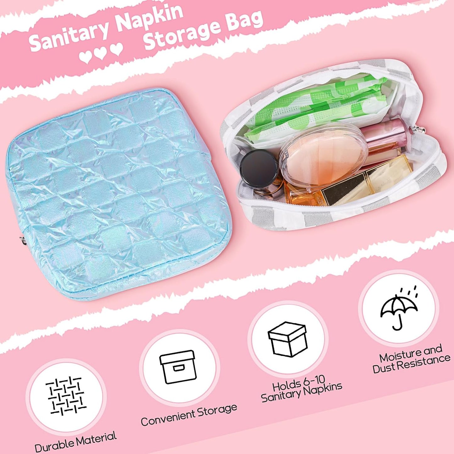 Desing Wish Sanitary Napkin Storage Bag Polyester Fabric Period Bag for Teen Girls Sanitary Pad Pouch for Sanitary Napkins/Tampons/Panty Liners Privacy Protector Pad Bag (Bubble-Check, Green Dots)
