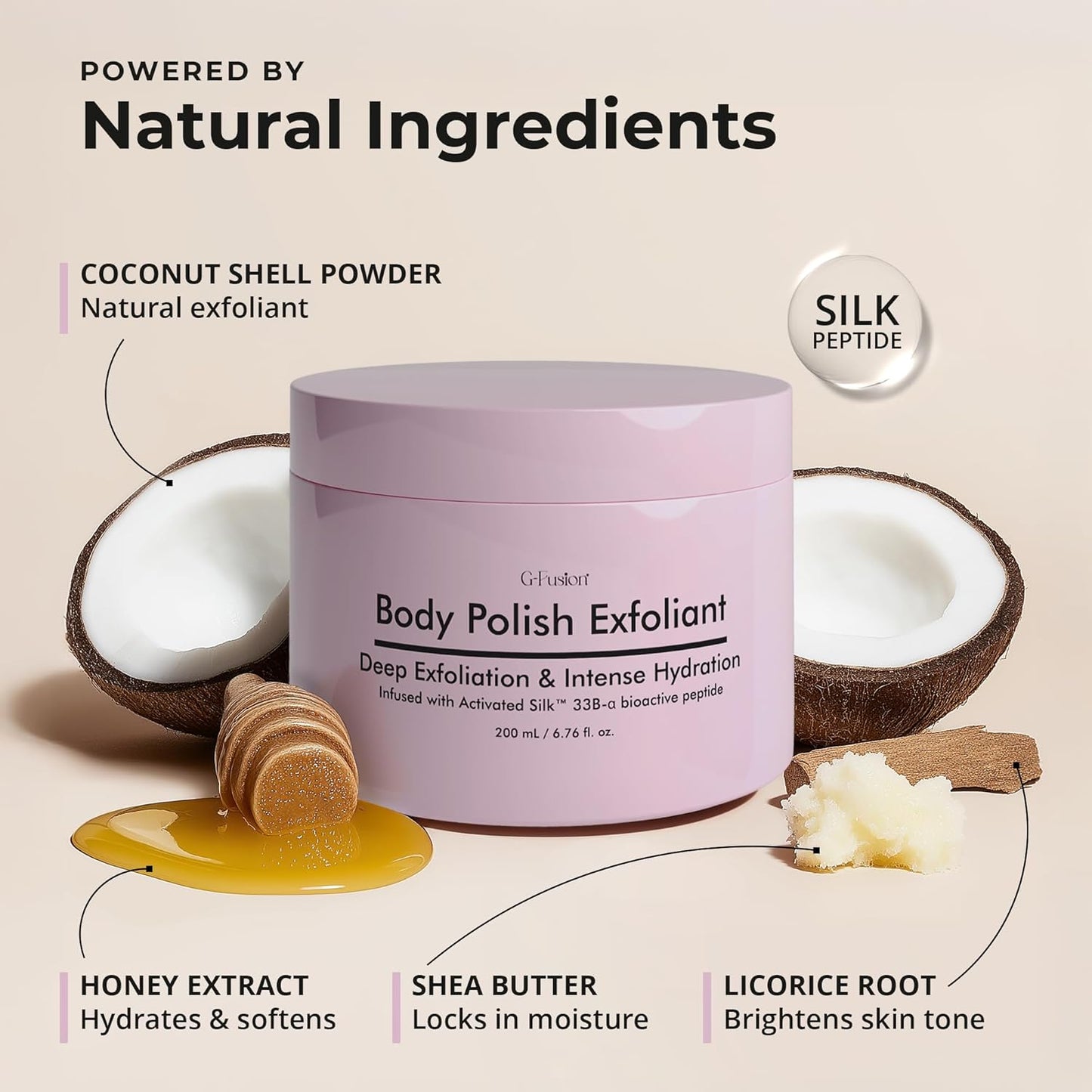 Silk Peptide Body Polish Gentle Exfoliant - Honey & Coconut Body Scrubs with Shea Butter, Exfoliants & Hydrating Oils for Smooth, Glowing Skin – Deep Moisturizing & Radiance Boosting Formula
