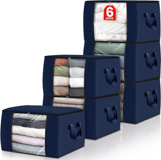 Fab totes 6 Pack Clothes Storage, Foldable Thick Fabric Blanket Storage Bags, Containers for Organizing Bedroom, Closet, Clothing, Comforter,Closet Organization with Handle,Blue