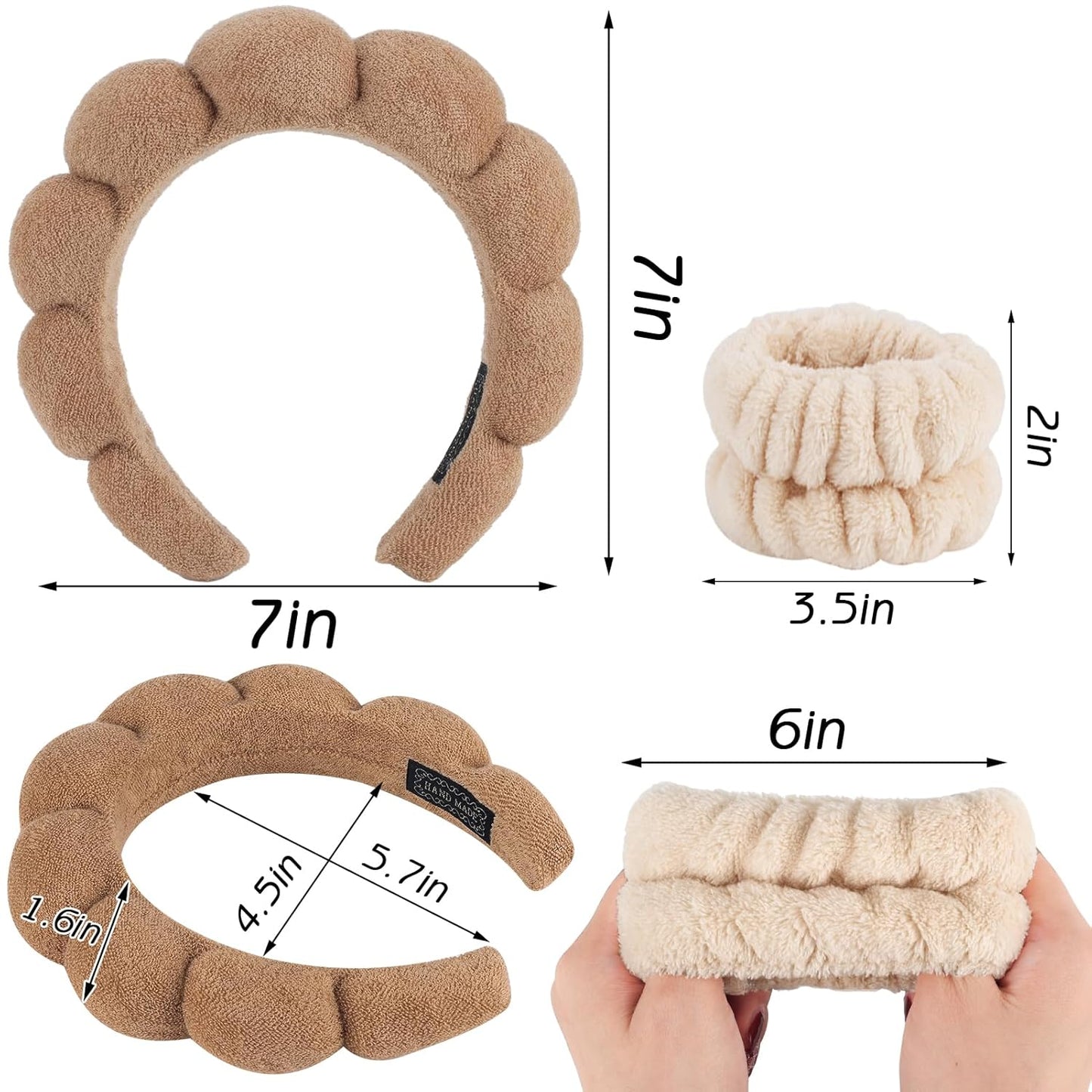 Zkptops Spa Headband for Washing Face Wristband Set Sponge Makeup Skincare Terry Cloth Bubble Soft Get Ready Hairband for Women Girl Puffy Padded Headwear Non Slip Thick Hair Accessory(Brown-2)