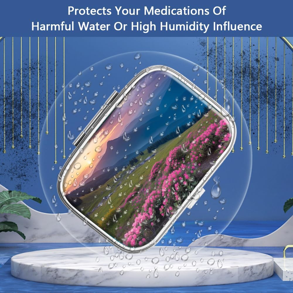 Pill Box 2 Compartment Small Pill Case,Portable for Pocket or Purse Pill Organizer Pill Container Holder to Hold Vitamins, Medication, Fish Oil and Supplements(Mountain)