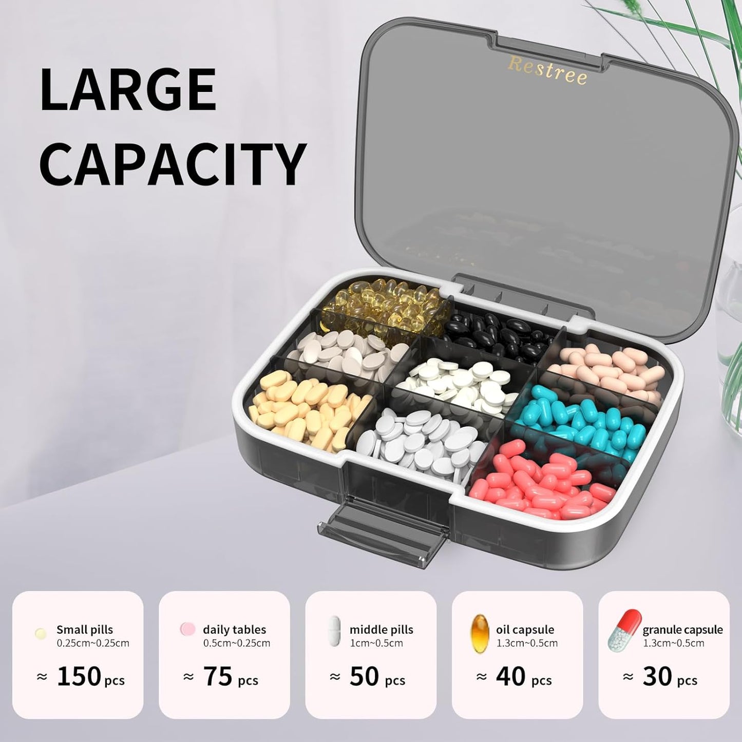 Restree Large Pill Organizer, Moisture Proof & Waterproof Travel Pill Case, Portable Medication Box with Adjustable Dividers for Vitamins Supplements Fish Oil and Daily Pills 9 Compartments (Black)