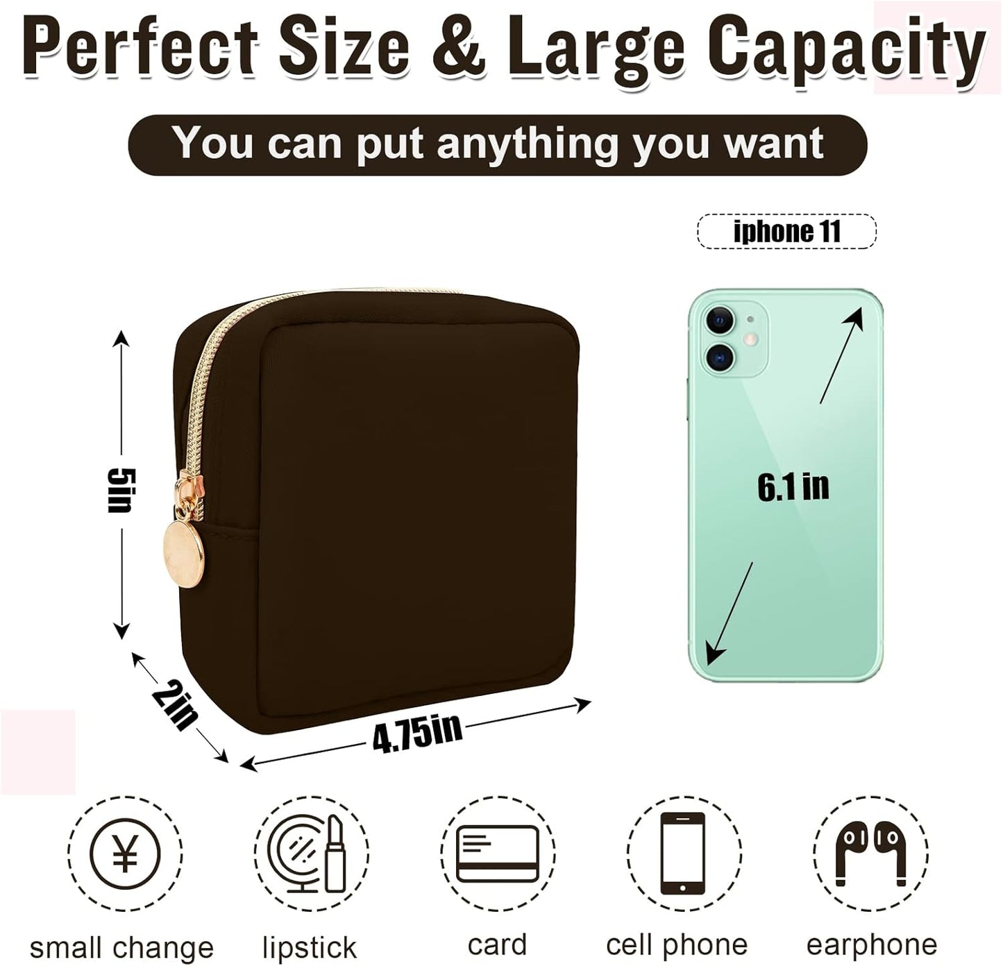 Nylon Mini Makeup Bag for Purse, Preppy Small Cute Makeup Bag Cosmetic Zipper Pouch Purse, Waterproof Travel Coin Pouch Sanitary Napkin Storage Bag Clutch Makeup Organizer Pouch for Women(Brown)