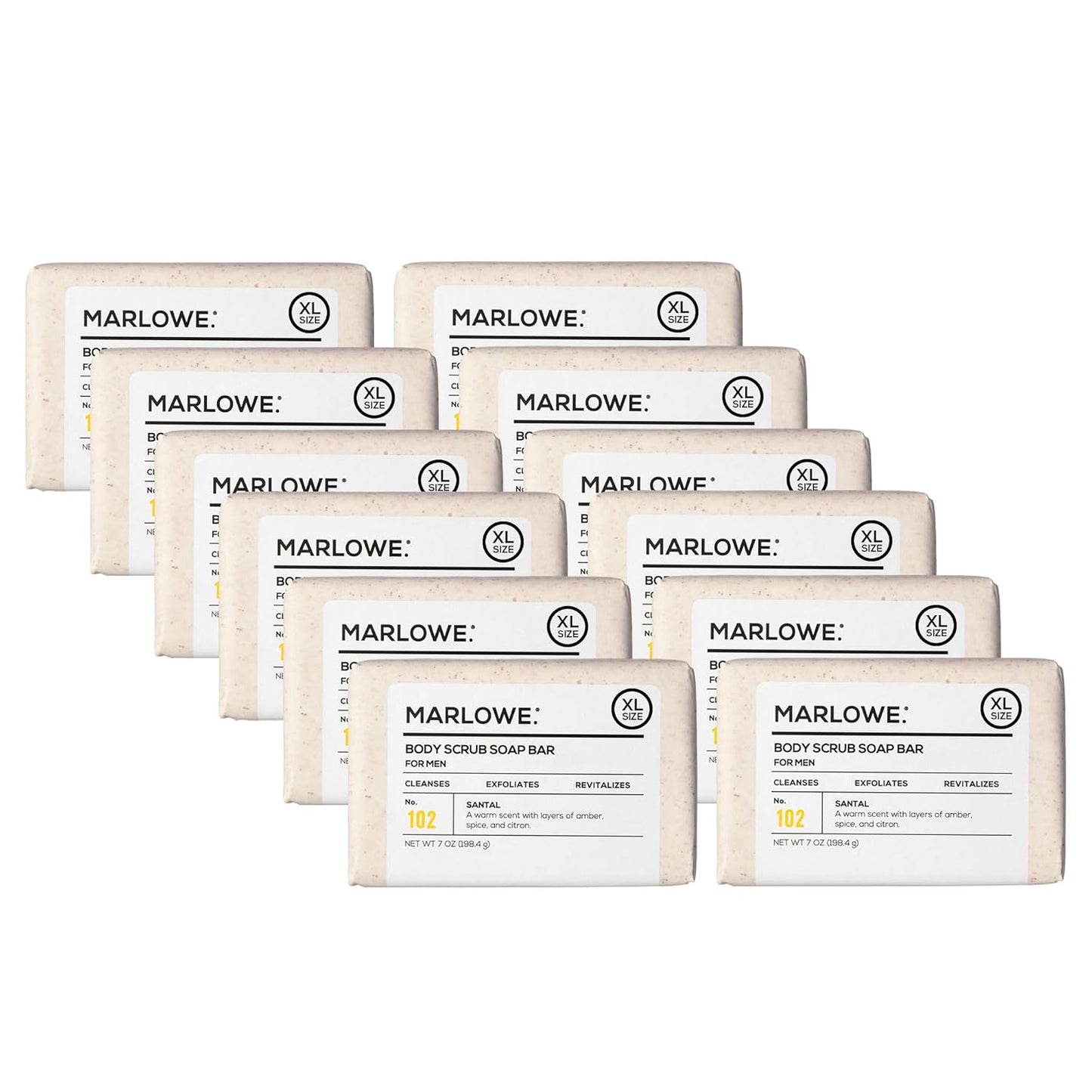 MARLOWE. No. 102 Body Scrub Soap 7 oz (12 Bars), Santal, Exfoliating Soap Bar with Shea Butter, Olive Oil & Green Tea Extracts, Cleanses, Smooths & Revitalizes Skin, Warm Amber, Spice & Citron Scent