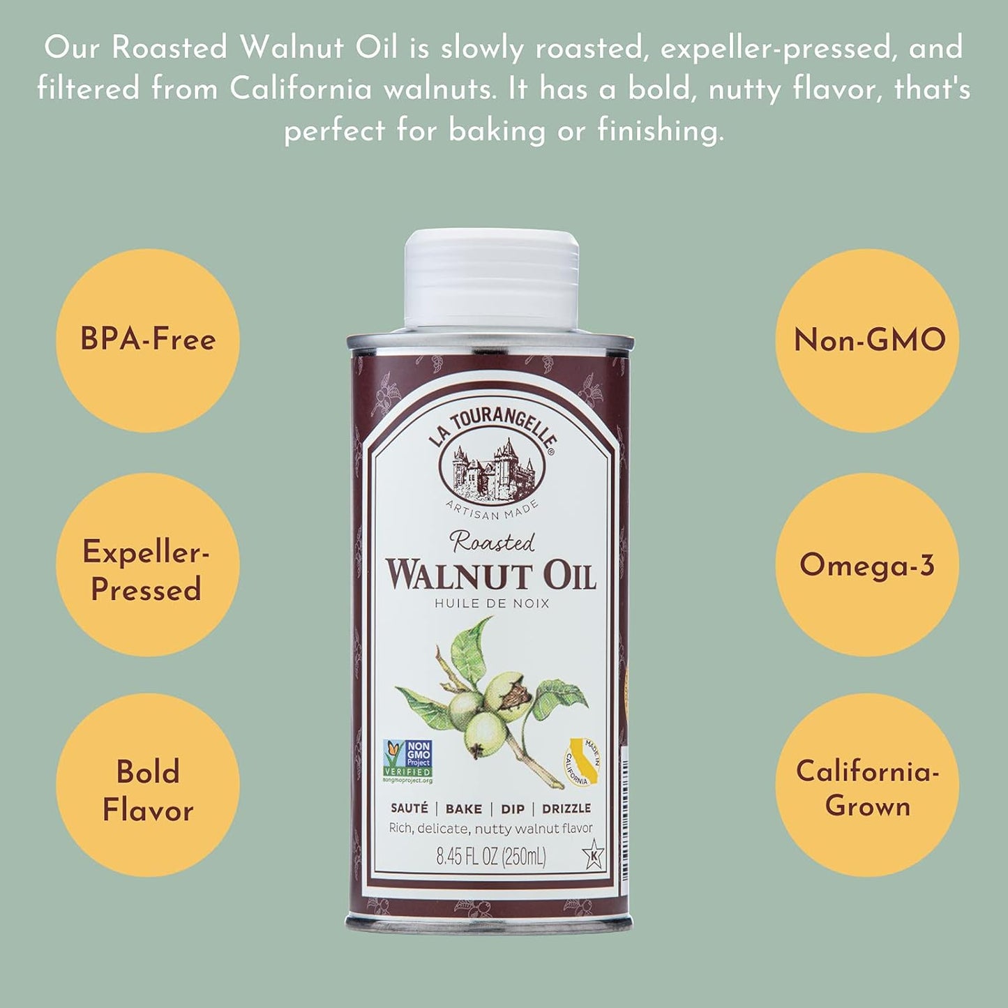 La Tourangelle, Roasted Walnut Oil, Plant-Based Source of Omega-3 Fatty Acid, Cooking, Baking, & Beauty, 16.9 Fl Oz