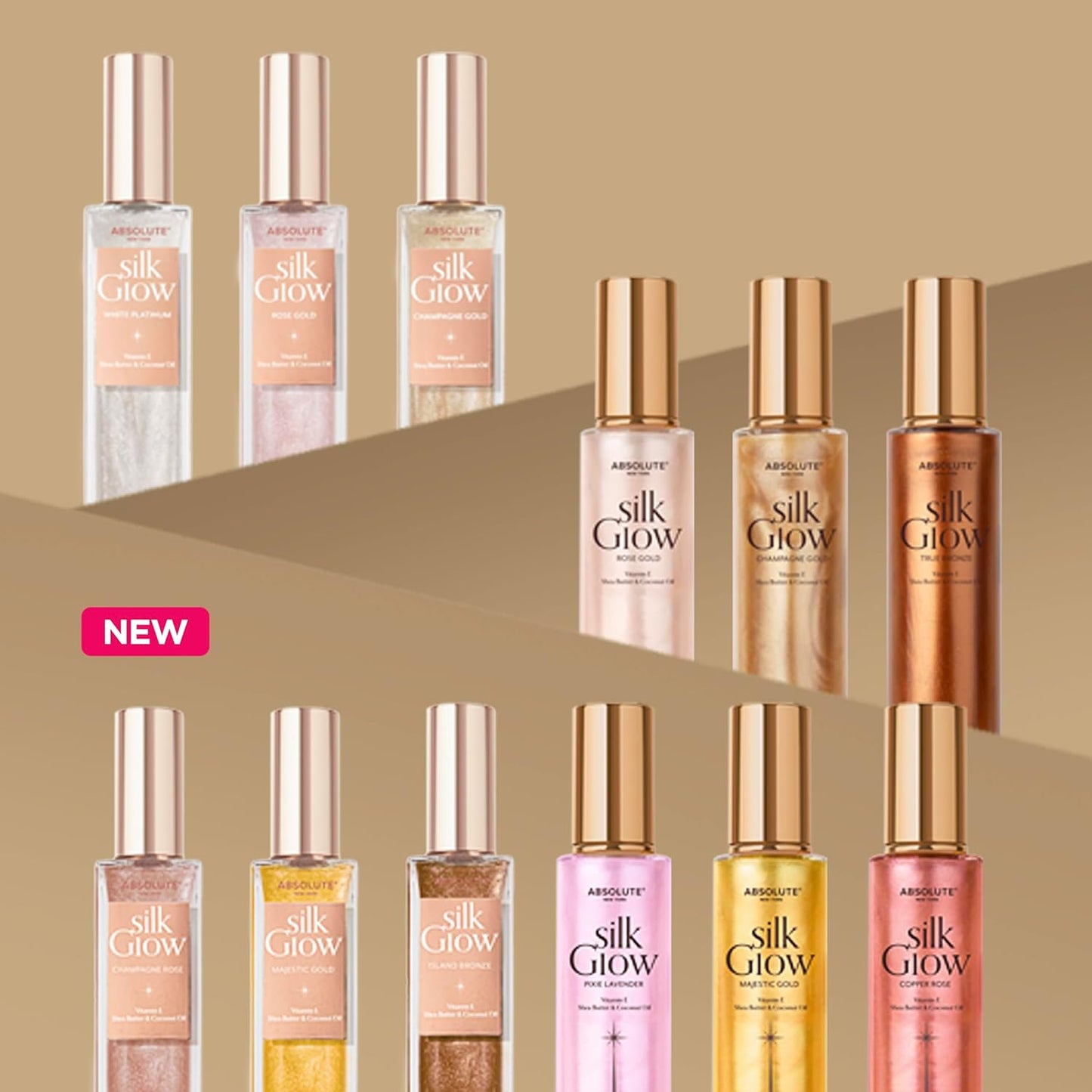 Absolute New York - Silk Glow Shimmer Mist Glow, Radiant, Shimmer Body & Face & Hair, Shea Butter, Coconut Oil, Vitamin E (SBGS13 Island Bronze Mist, 3.4 fl oz)