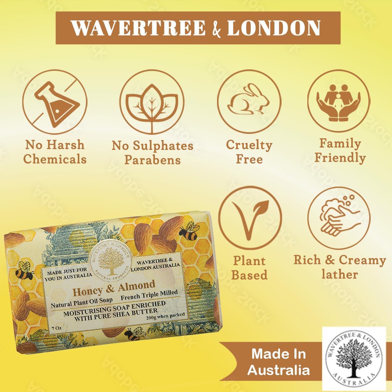 Wavertree & London Honey & Almond Scented Natural Soap Bar, 7oz Moisturizing French Triple Milled Soap Bar for Women & Men enriched with shea butter - Pure Bath & Body soap bar for All Skin Types