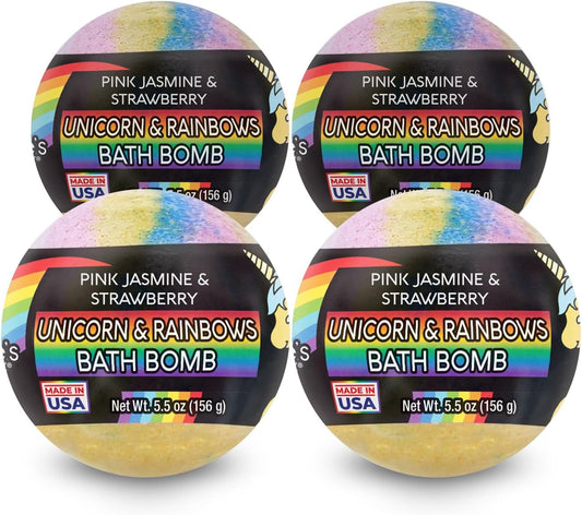 Nature's Beauty Unicorns & Rainbows, Pink Jasmine & Strawberry Scent Bath Bomb for Kids Multi-Pack - Natural, Non-Staining, Fun Bubbly Fizzy Spa Bomb, Made w/Coconut Oil + Witch Hazel, 5.5oz (4 Pack)