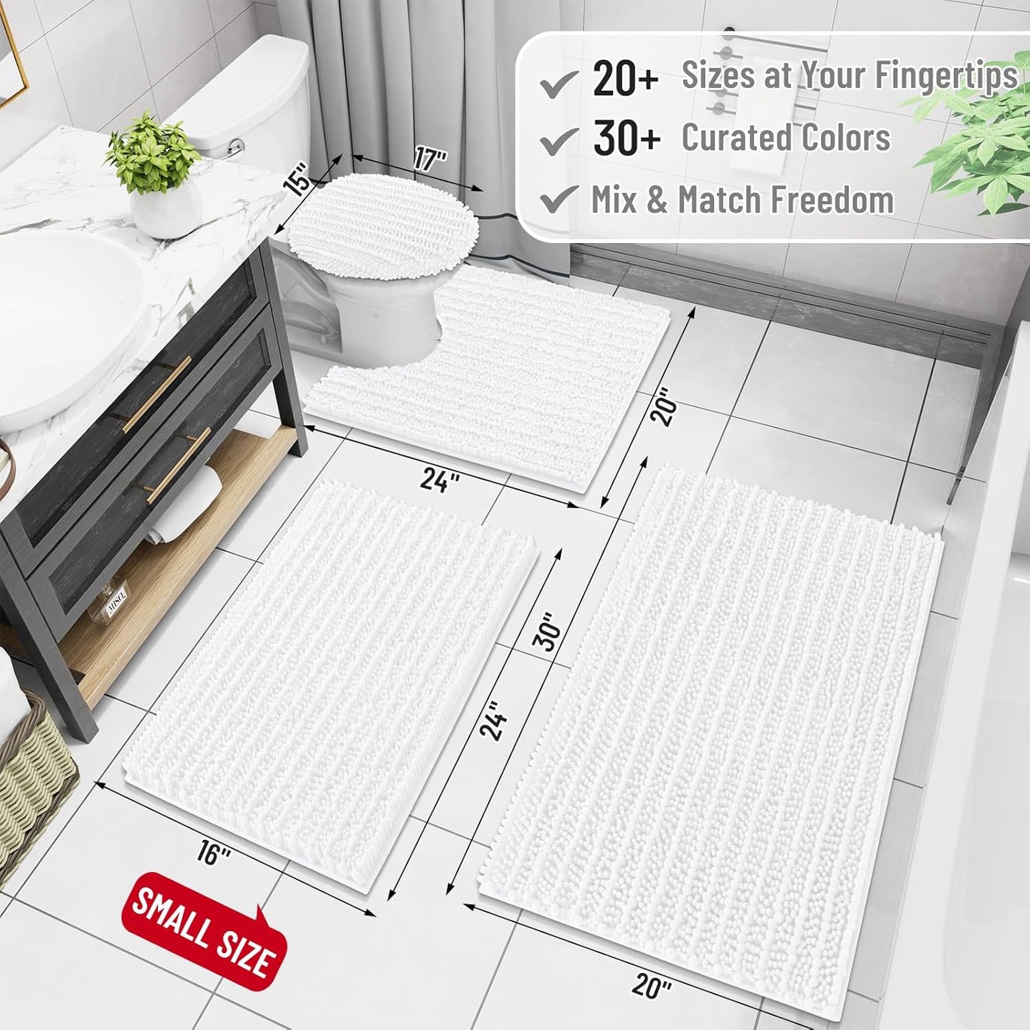 Arotive Luxury Chenille Bathroom Rug Mat, Extra Soft Thick Absorbent Shaggy Bath Rugs, Non-Slip Machine Wash Dry, Plush Bath Mats for Bathroom, Shower and Tub, 47x17, White