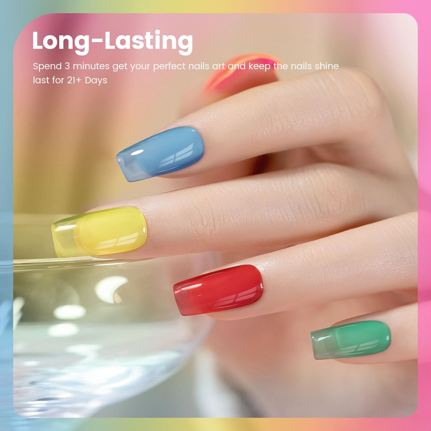 RARJSM Colorful Stained Glass Gel Nail Polish Set 6pcs Clear Crytal Blue Green Yellow Orange Red Neon Pink Series Transparent Sheer Amber Milky Gel Varnish LED UV Curing Requires French Manicure
