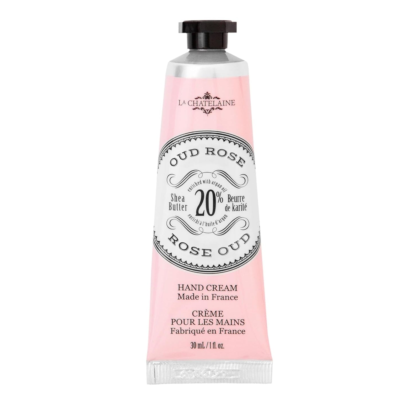 La Chatelaine 20% Shea Butter Hand Cream Travel Size, New Scent, Organic Argan Oil, Moisturizing, Nourishing, Repairing, Extra-Rich Hand Lotion, Made in France, Paraben Free, 1 oz / 30ml (Oud Rose)