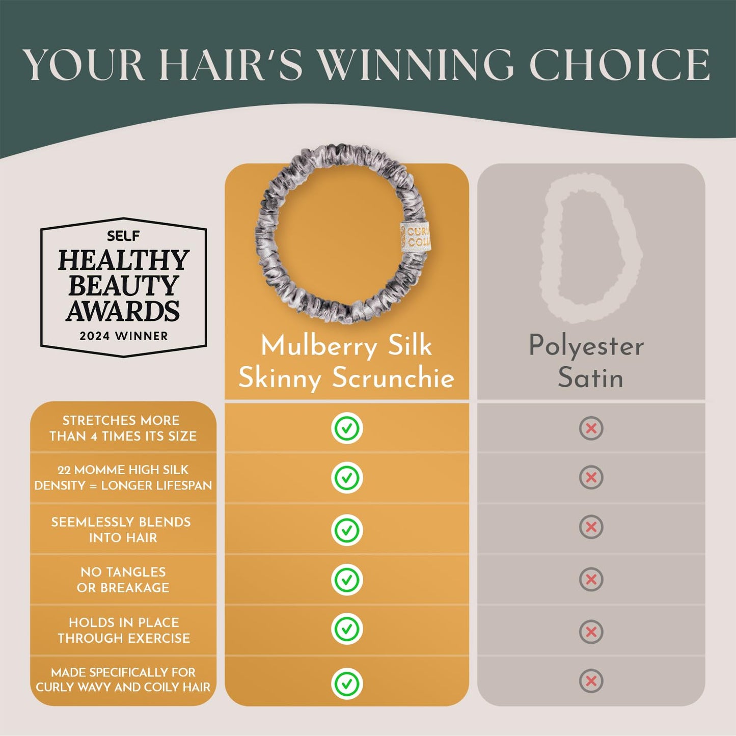 Authentic Mulberry Silk Skinny Hair Match Scrunchies for Women, Anti Breakage Hair Ties for Curly Thick & Thin Hair, 100% Silk for Buns & Ponytail, Silver/Deep Grey (4 Pack)