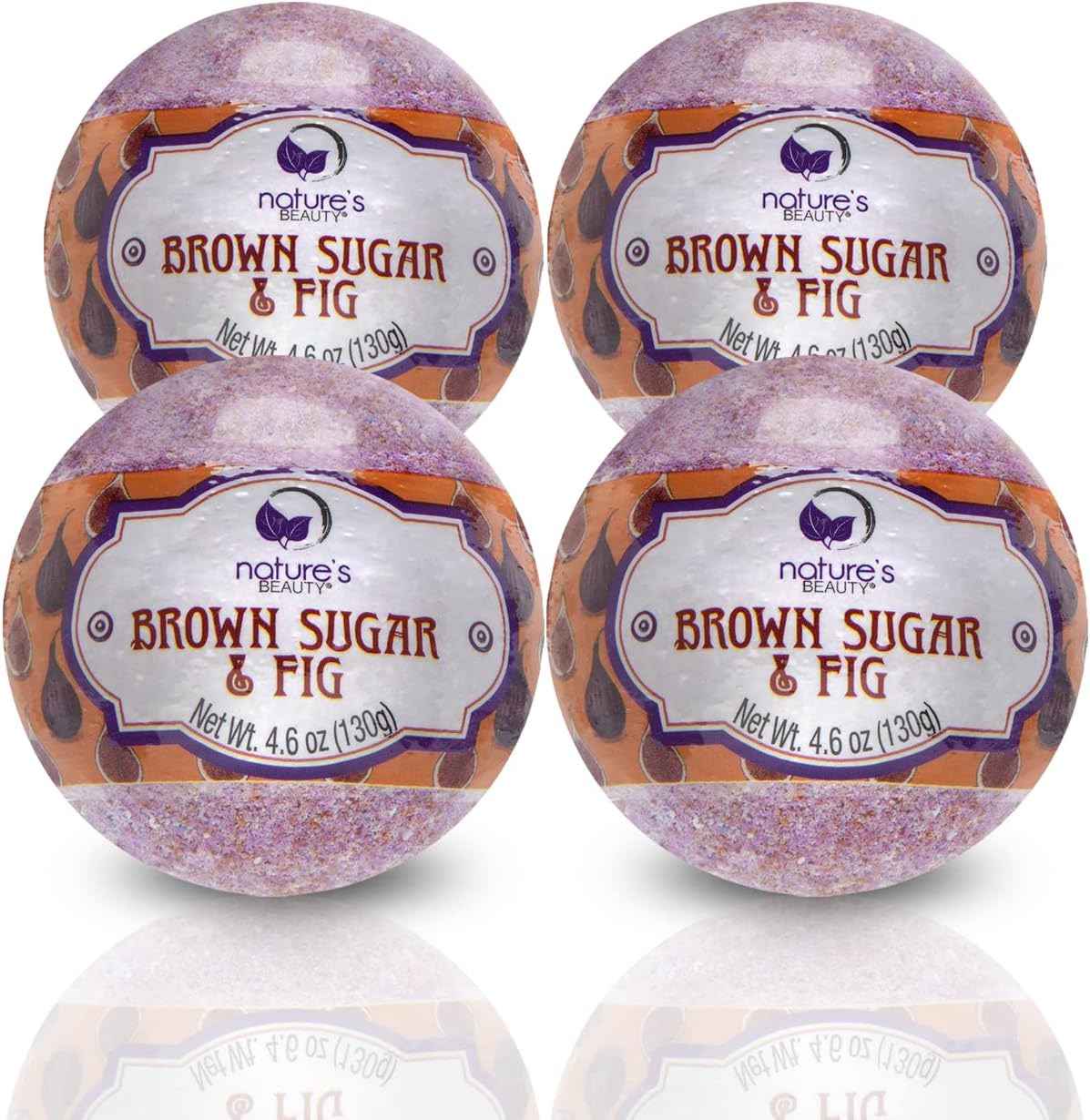 Nature's Beauty Brown Sugar & Fig Bath Bomb Multi-Pack - Natural Hand Crafted, Non-Staining, Luxury Fizzy Spa Bomb, Moisturize Dry Skin, Made w/Orange Extract + Coconut Oil, 4.6 oz (4 Pack)