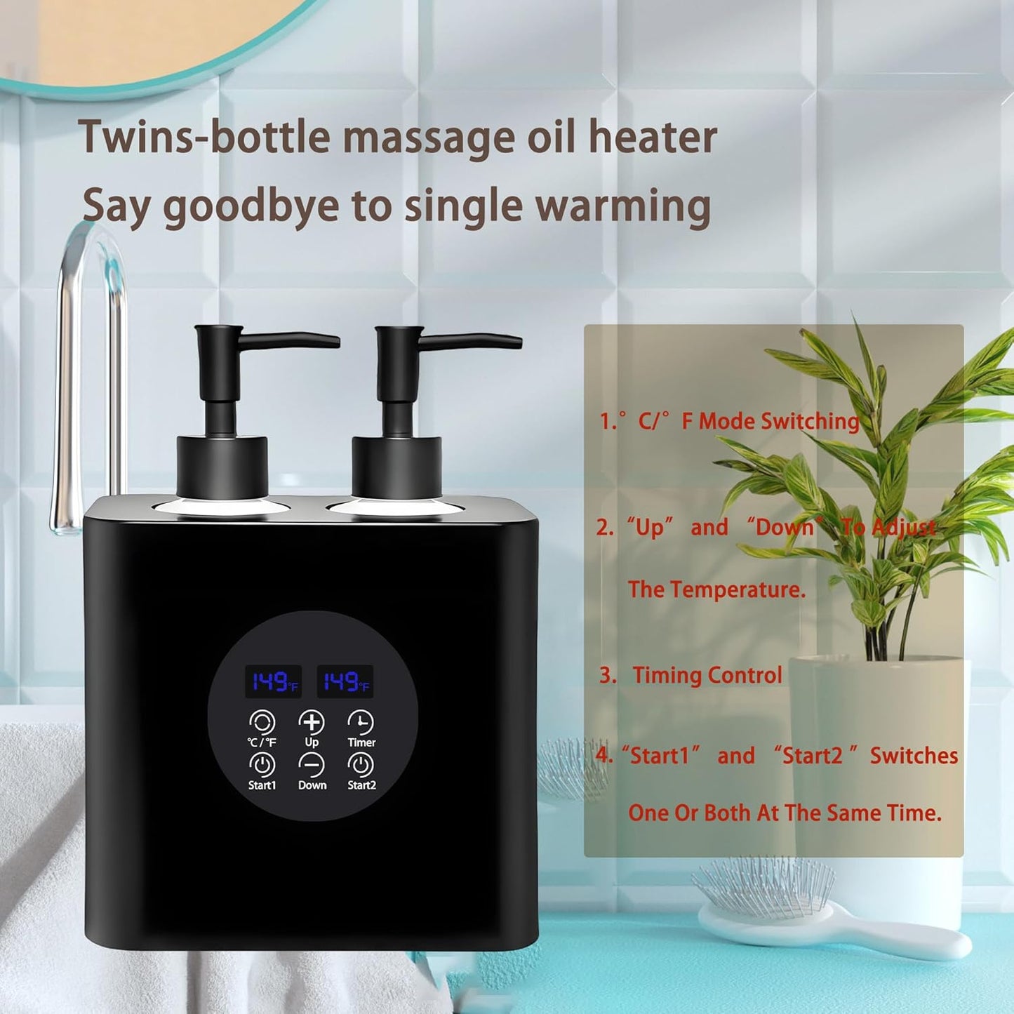 Massage Oil Warmer, Professional Lotion Warmer, Cream Warmer, Oil Bottle Warmer, Automatic Thermostat, For Salon, Barber Shop, Home, With Four Oil Bottle Dispensers, 002-Black