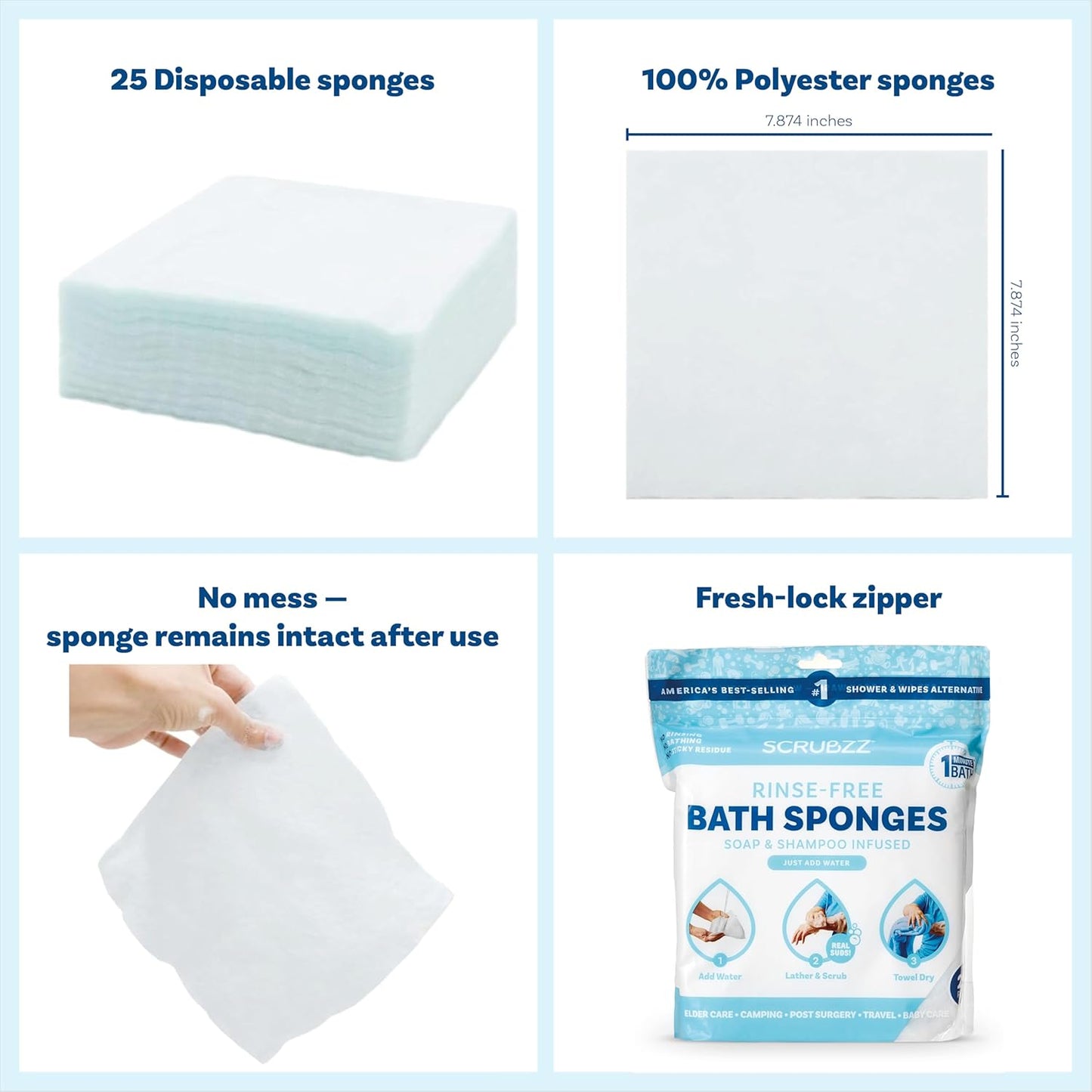 Scrubzz Disposable No Rinse Bathing Wipes - All-in-1 Single Use Shower Wipes, Simply Dampen, Lather, and Dry Without Shampoo or Rinsing (Unscented, 2-Pack)