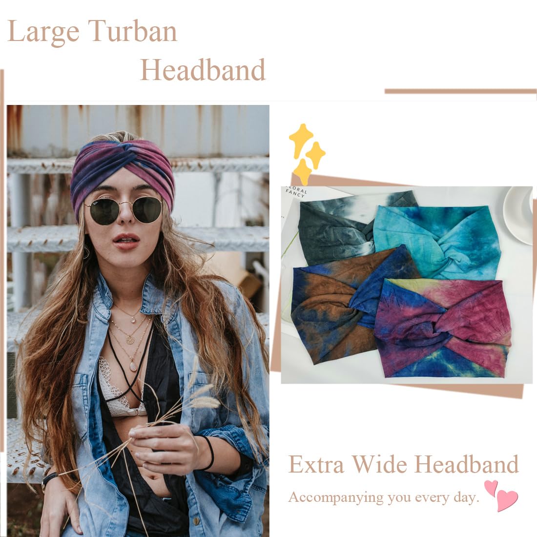 Boho Extra Wide Headbands For Women 7'' Large Headband Twist Head Bands Women's Hair Band Stretchy Turban Styling Accessories Tie Dye 8 Pack