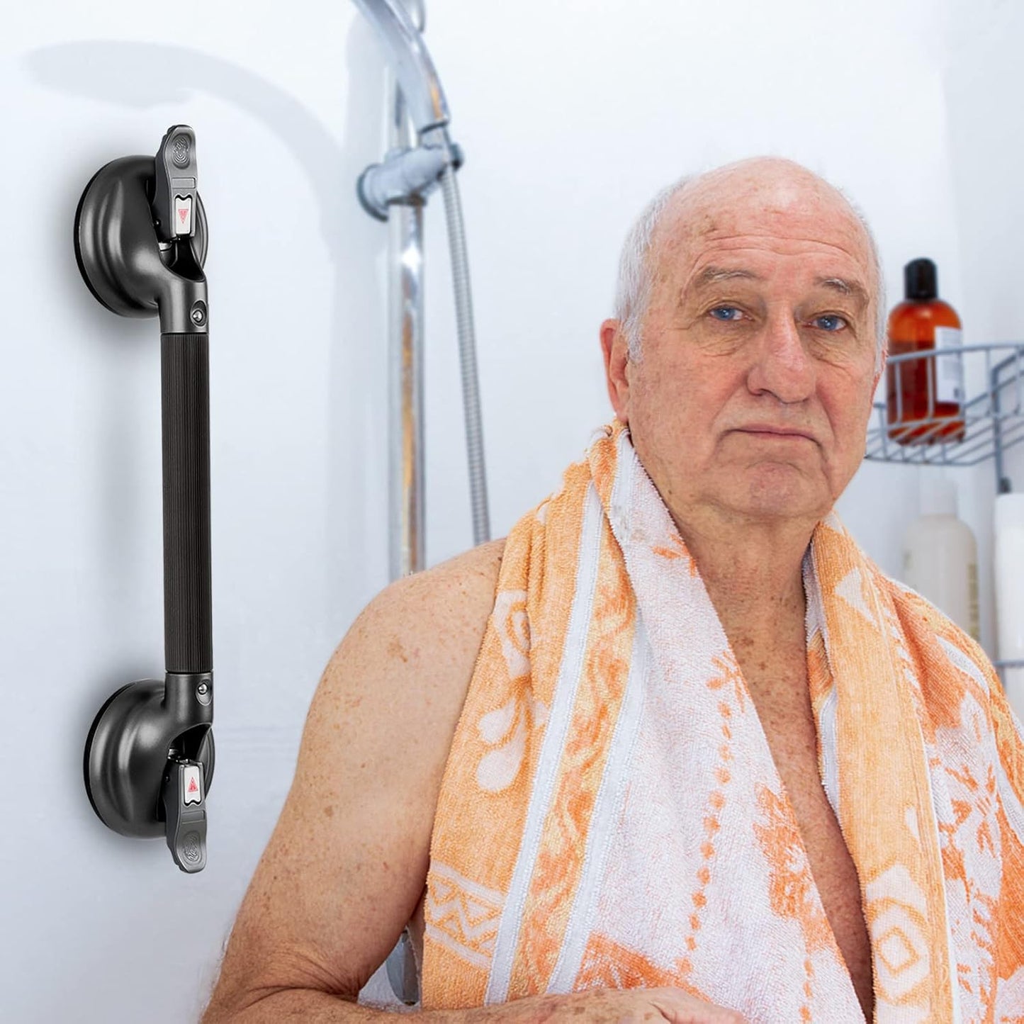 19-Inch Shower Handle - Upgraded Grab Bar with Strong Suction Cups for Bathtub & Shower Safety, Ideal for Seniors, Elderly, Disabled - Black